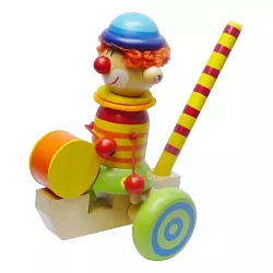 Dřevěná hračka na tyči - Klaun se zelenými kolečky