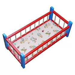 Drevená postieľka pre bábiku modro-červená (60 cm)