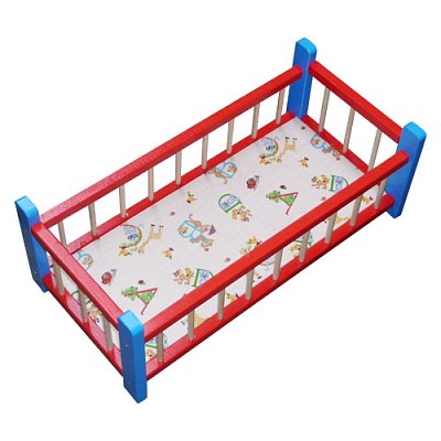 Drevená postieľka pre bábiku modro-červená (60 cm)