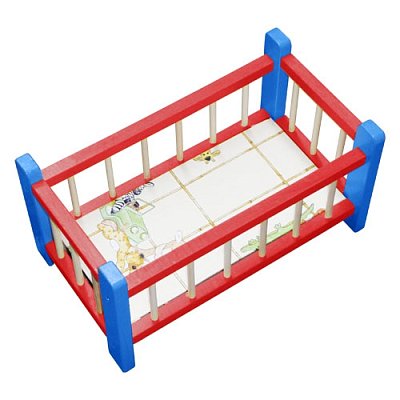 Drevená postieľka pre bábiku modro-červená (43 cm)
