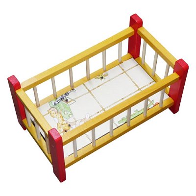 Drevená postieľka pre bábiku žlto-červená (43 cm)