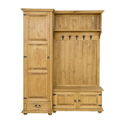 Predsieňová zostava so skriňou z masívnej borovice, 155x195x60 cm - Rustikal